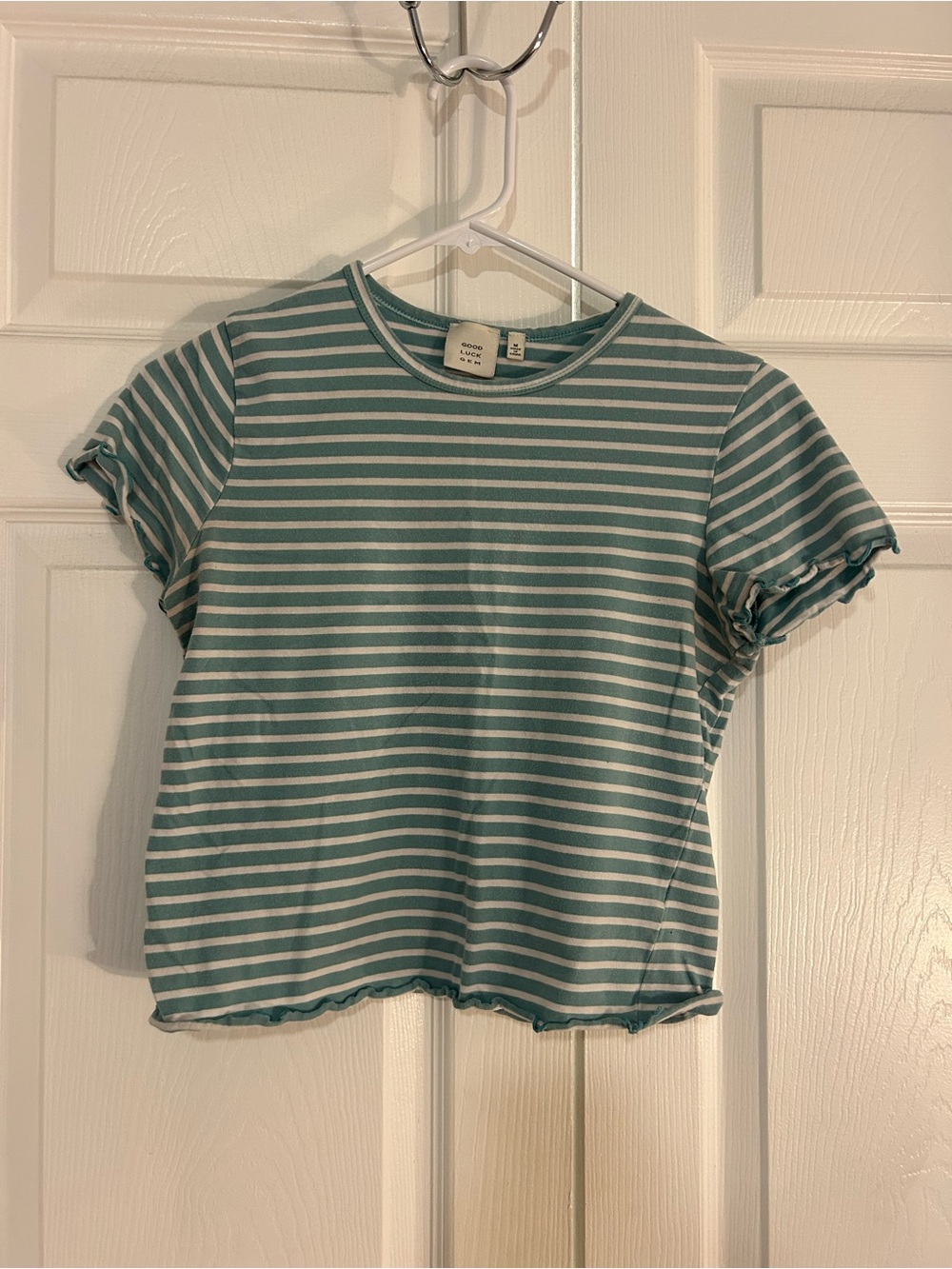 Good Luck Gem Striped Tee in Teal and White